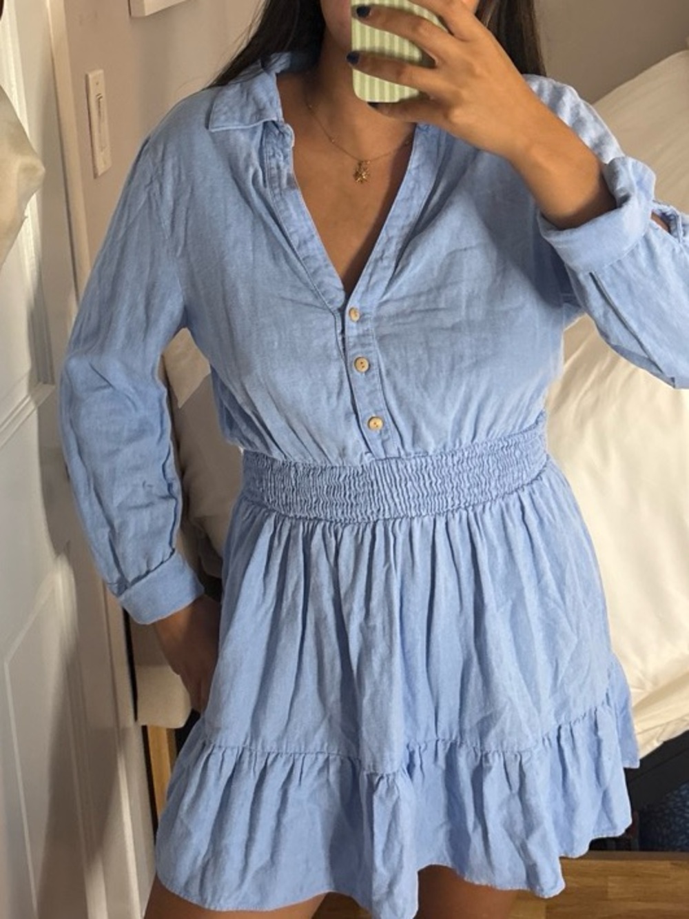 aerie Light Blue Long-Sleeve Smocked-Waist Tiered Dress